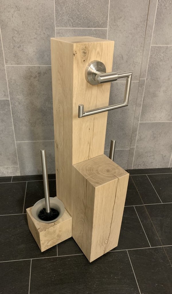 Woodjuu Toilettenpapierhalter Massiv Holz Eiche Edelstahlhalter mit WC Bürste und Ersatzrollenhalter