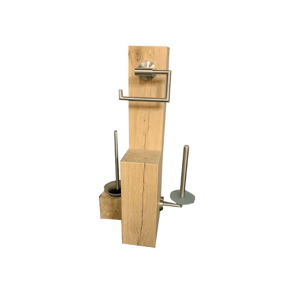 Woodjuu Toilettenpapierhalter Massiv Holz Eiche Edelstahlhalter mit WC Bürste und Ersatzrollenhalter